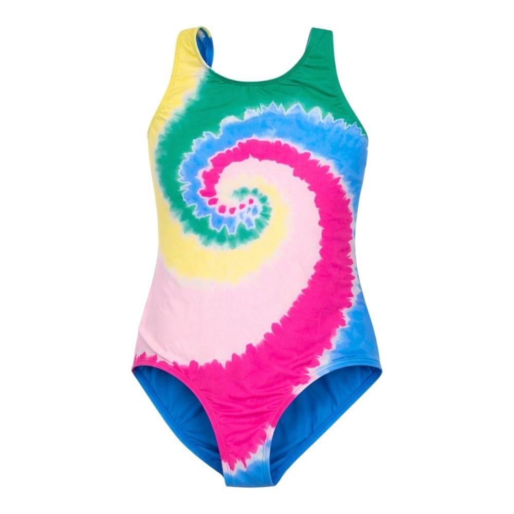 Lands' End Tie Dye Blue Pink Green Girls One Piece UPF 50 Tugless Swimsuit Sz 14